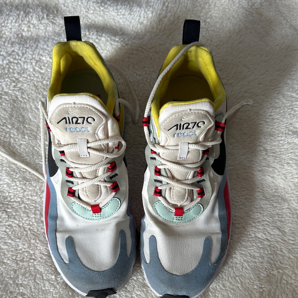 Nike Air Max 270 React White, Red, and Blue Athletic Shoes